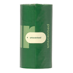 Green roll of toilet paper with 'unscented' label on a white background