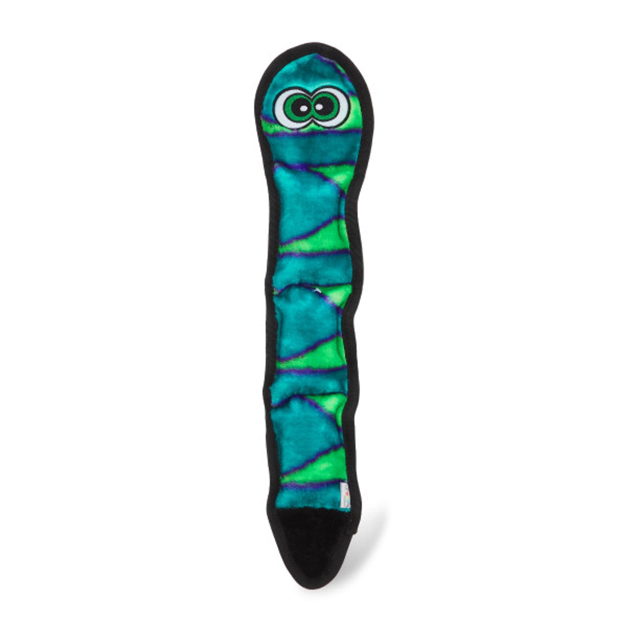 Dog toy with green and blue pattern on a white background