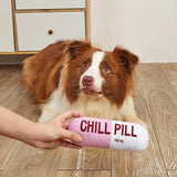 Dog lying on a wooden floor with a hand holding a 'Chill Pill' toy