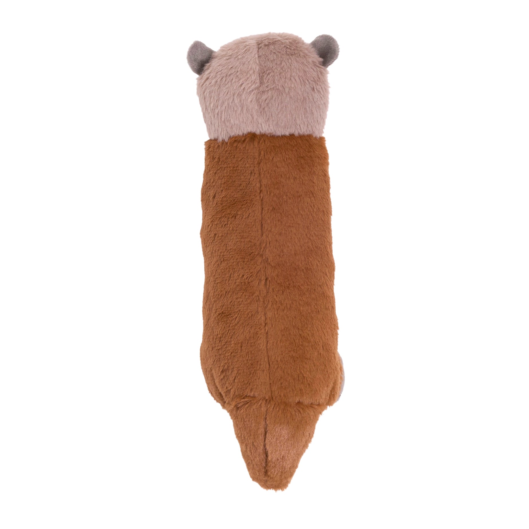 Plush toy resembling a bear with a brown body and gray head on a white background