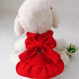 White dog wearing a red dress with a large bow on a light gray background