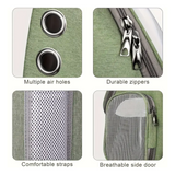 Product features including multiple air holes, durable zippers, comfortable straps, and a breathable side door on a green bag.