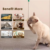 Cat using a pet grooming tool with text benefits on a beige background
