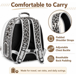 A pet carrier backpack with a gray and black leopard print pattern, shown from the back with feature callouts on a white background.