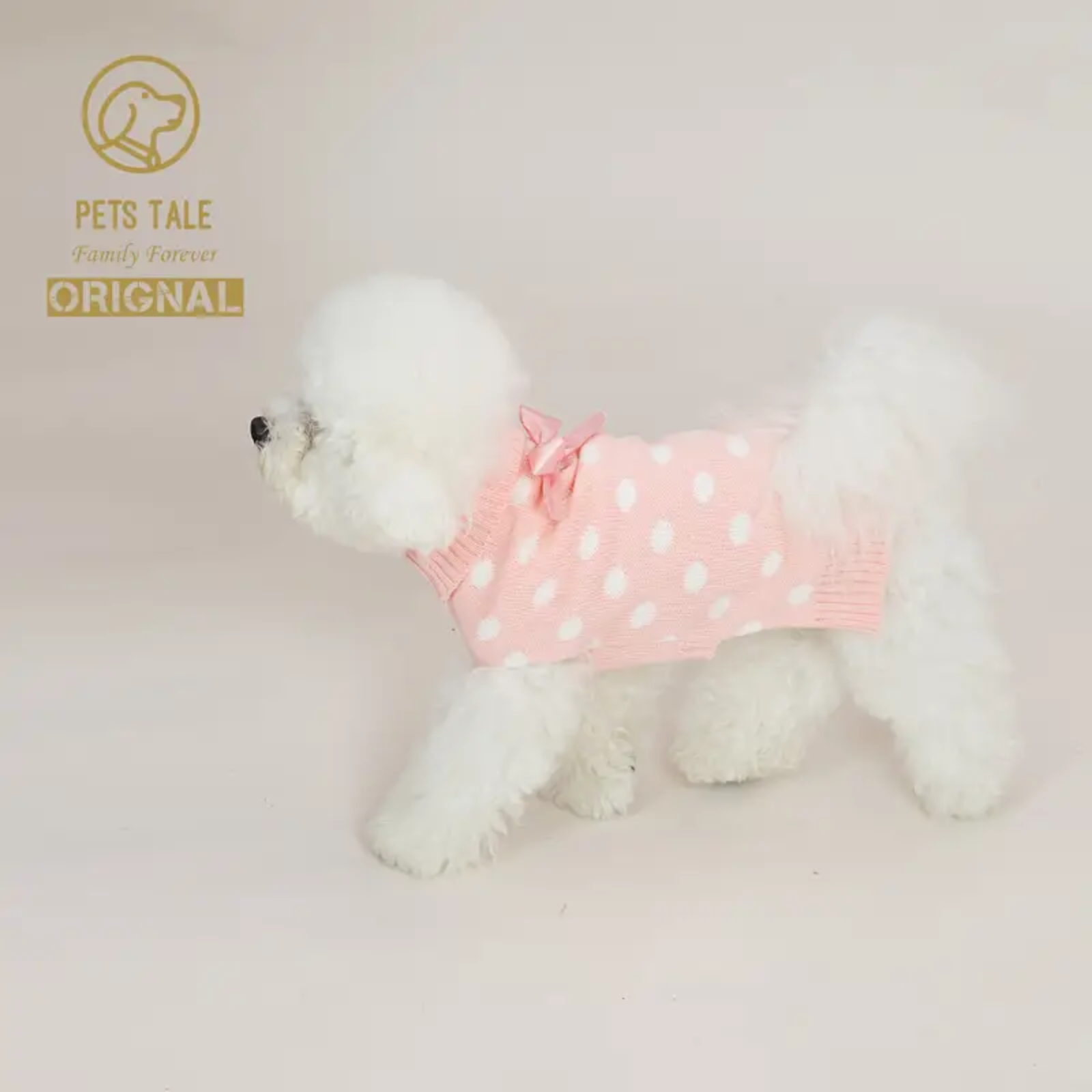 White dog wearing a pink polka dot outfit on a light background with 'Pets Tale' branding.