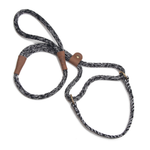 A braided rope dog leash with brown leather accents and brass hardware, laid out on a clean white background.