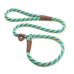 A braided rope dog leash with a blue, green, and yellow pattern, featuring brown leather accents and a silver metal clip, shown on a white background.