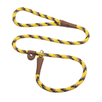A braided dog leash with a yellow and dark brown rope pattern, featuring brown leather handle loops and a metal ring attachment, shown on a plain white background.