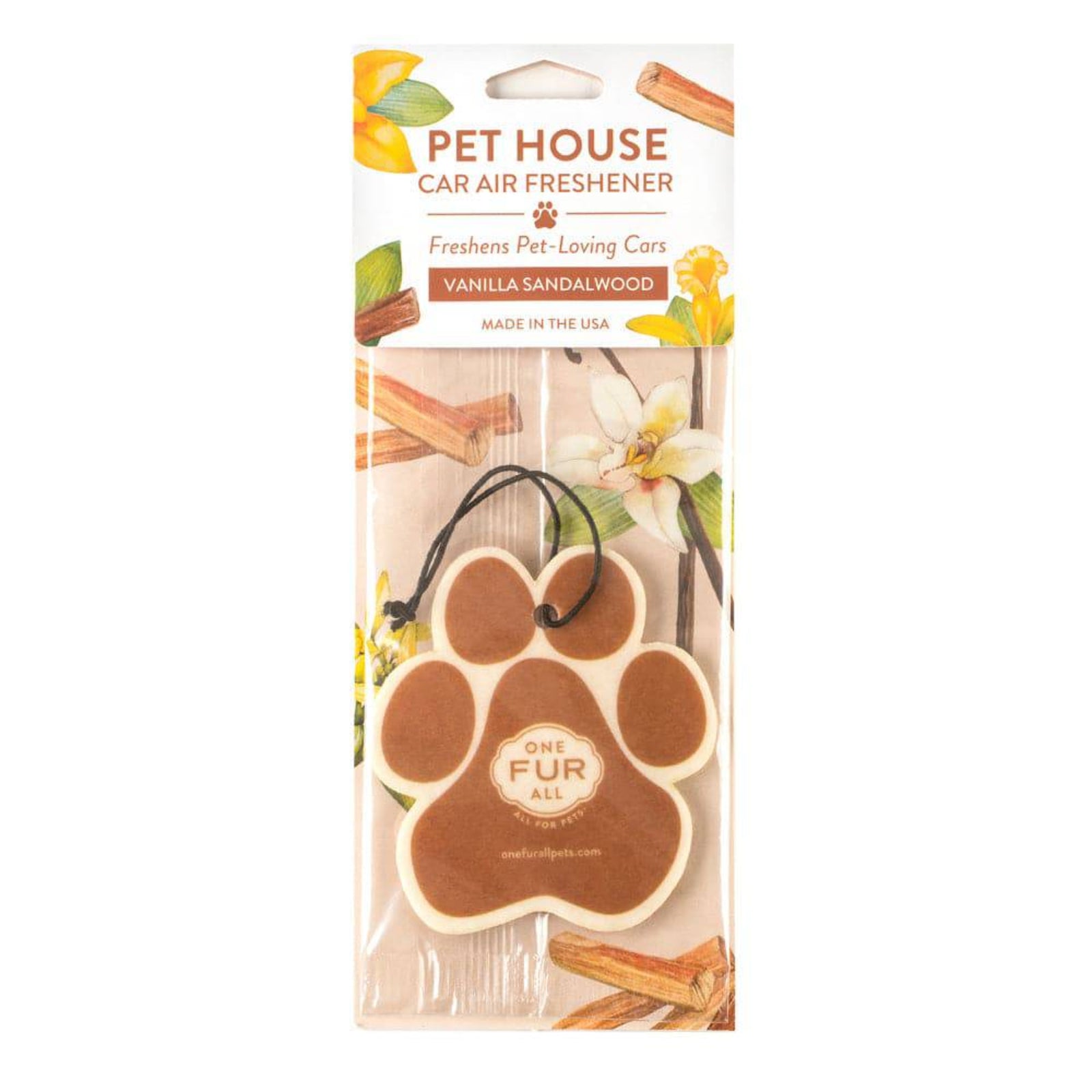 Pet House car air freshener with vanilla sandalwood scent on a white background