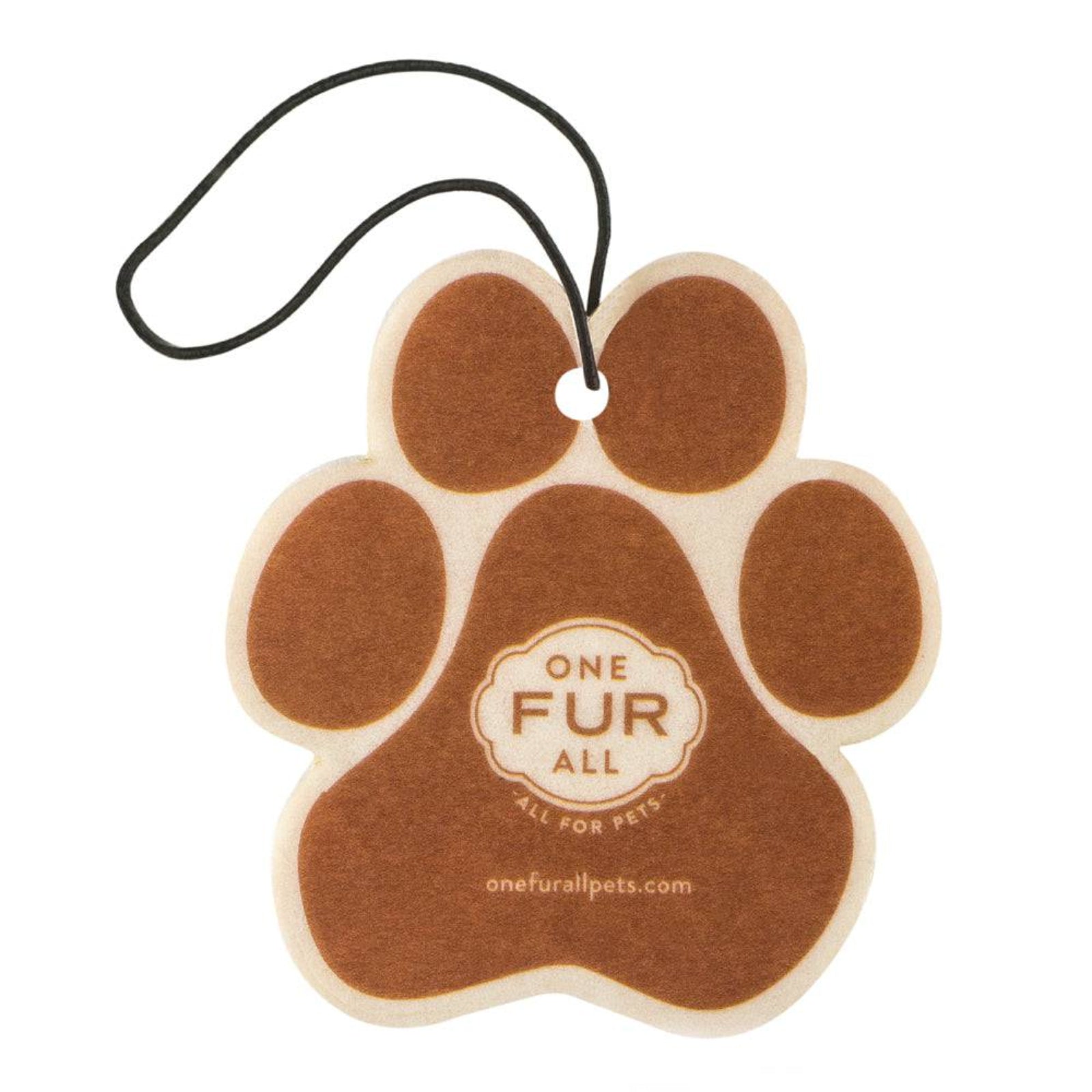 Brown paw-shaped car air freshener with 'One Fur All' logo on a white background