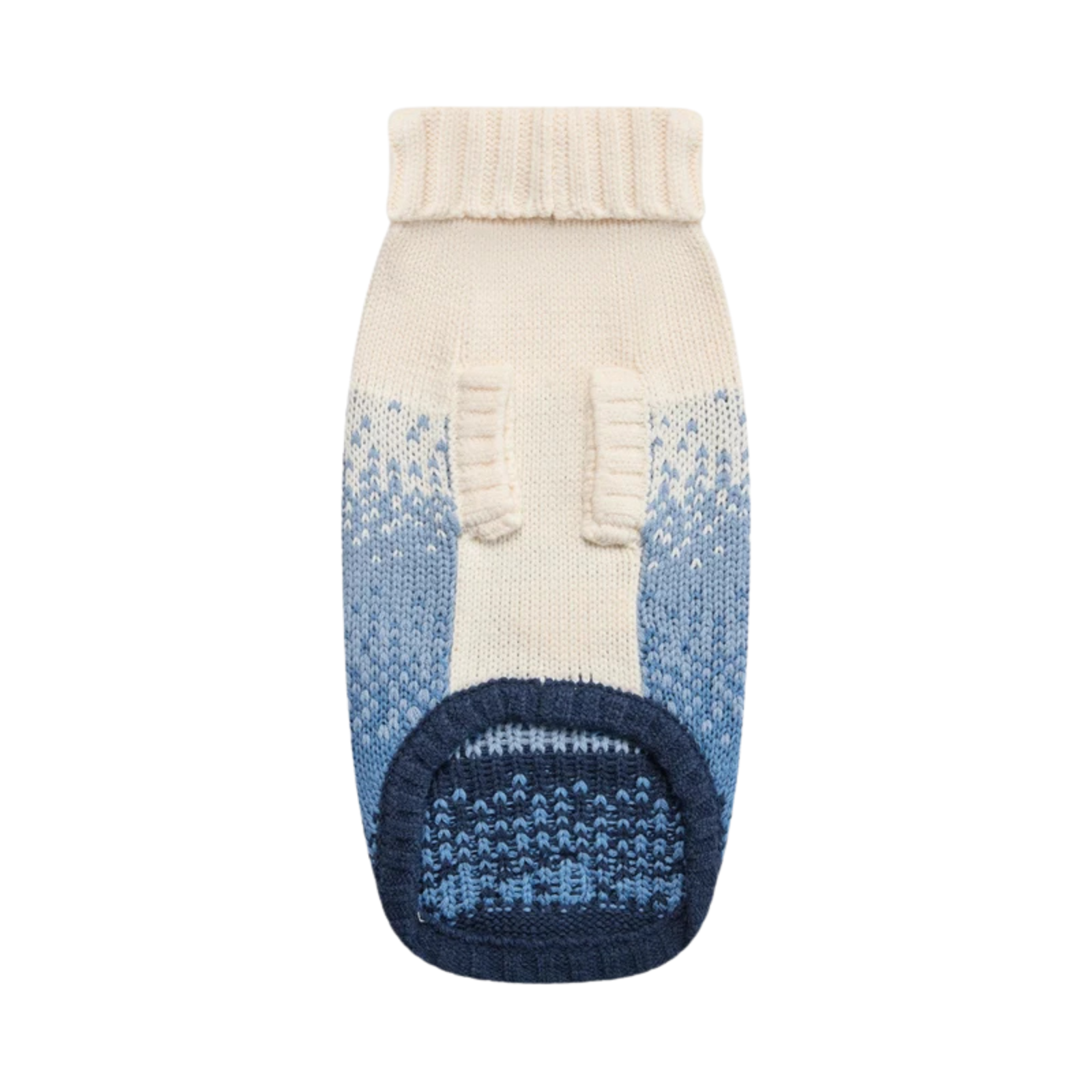 A single knit pet bootie sock shown flat against a solid white background. The bootie features an off-white ribbed cuff, a cream-to-blue gradient upper with a Fair Isle pattern, and a dark navy blue sole.