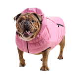 A brown bulldog wearing a pink puffer dog coat with a hood, photographed against a solid white background.