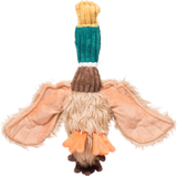 Plush toy resembling a character with a green top, brown middle, and orange wings on a white background