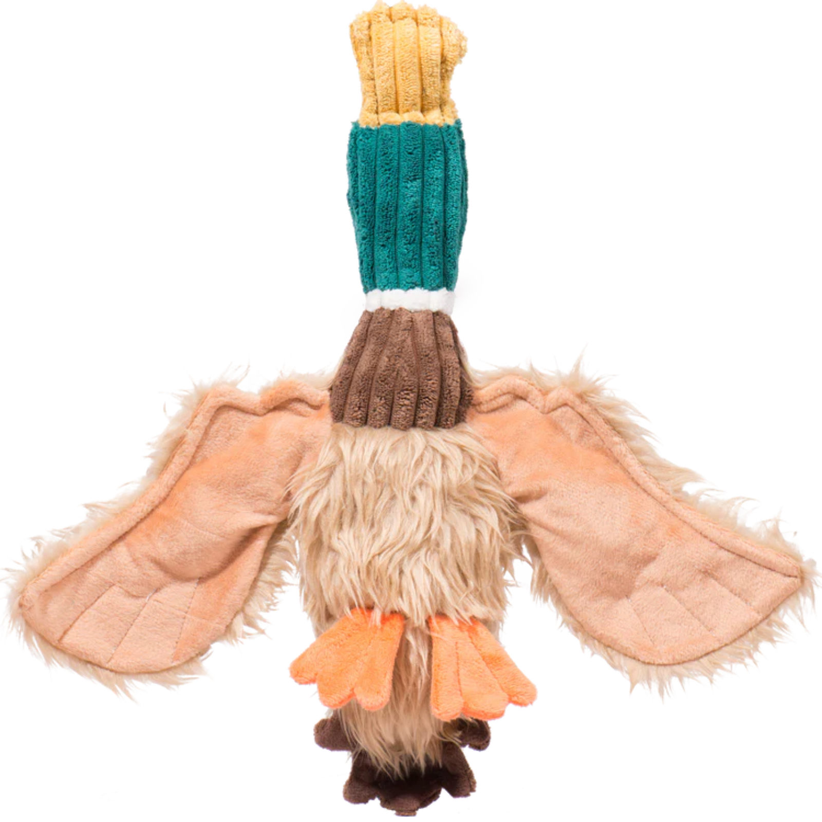 Plush toy resembling a character with a green top, brown middle, and orange wings on a white background