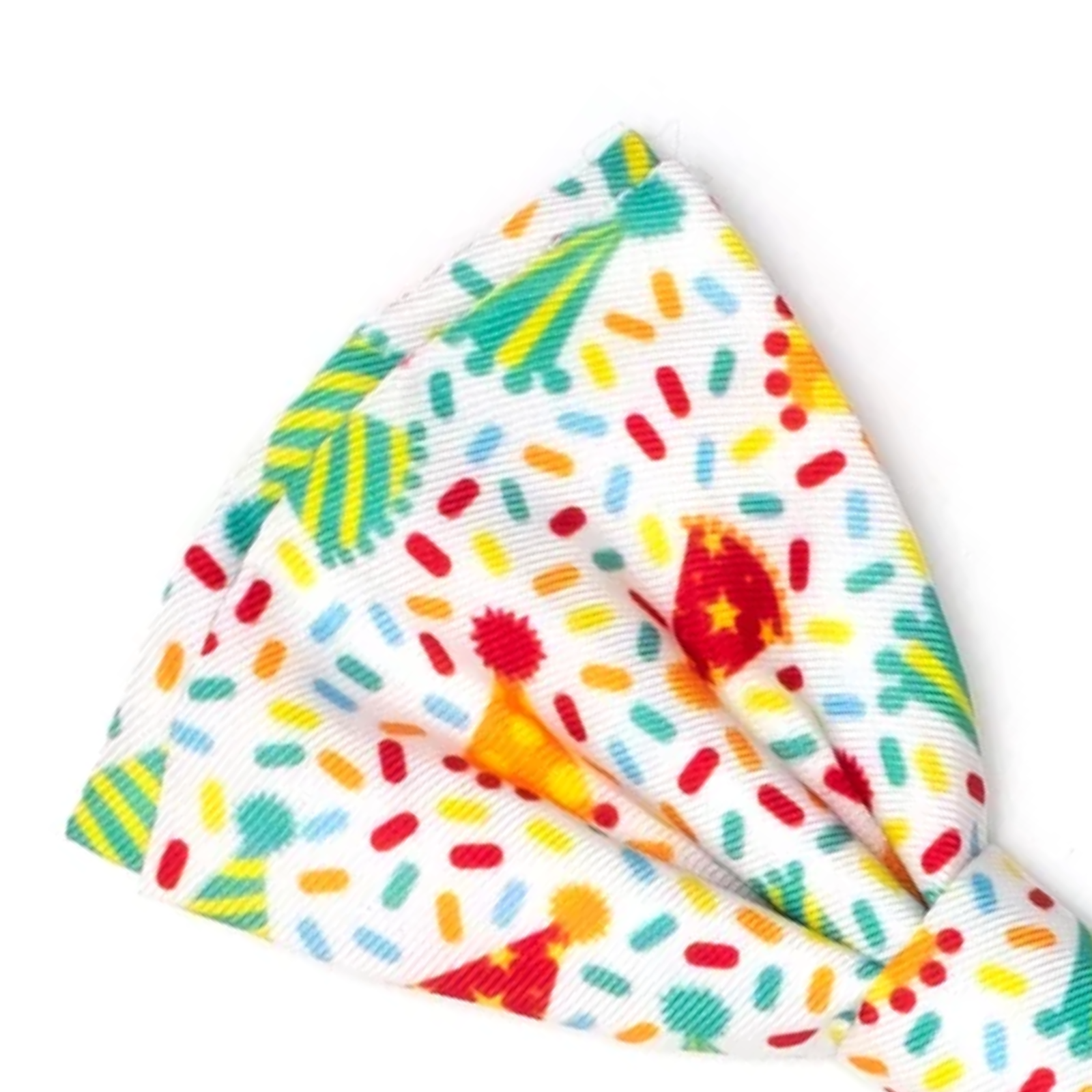 A white ribbed fabric headband featuring a colorful confetti and party hat pattern, shown on a plain white background.