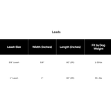 A sizing chart table for dog leads, titled 'Leads' at the top center. The table has black header blocks with white text reading 'Leash Size', 'Width (inches)', 'Length (inches)', and 'Fit by Dog Weight', followed by rows for 5/8 inch and 1 inch leads with lengths of 60 inches and fit ratings 1-30lbs and 30+ lbs.