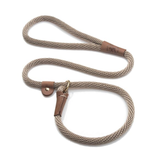 A tan braided rope dog leash with brown leather accents and a brass-colored metal snap hook, displayed on a clean white background.