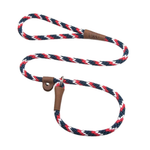 A braided rope dog leash with red, white, and navy blue strands, featuring brown leather accents and a metal clip, shown on a plain white background.