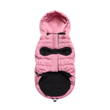 Pink pet coat with black accents on a light gray background