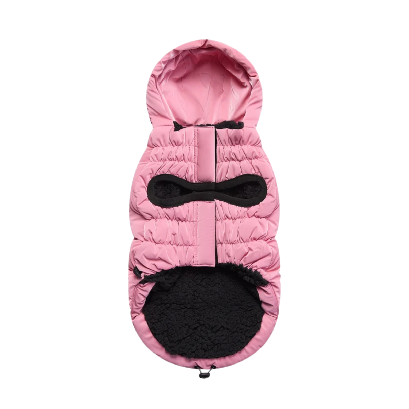 Pink pet coat with black accents on a light gray background
