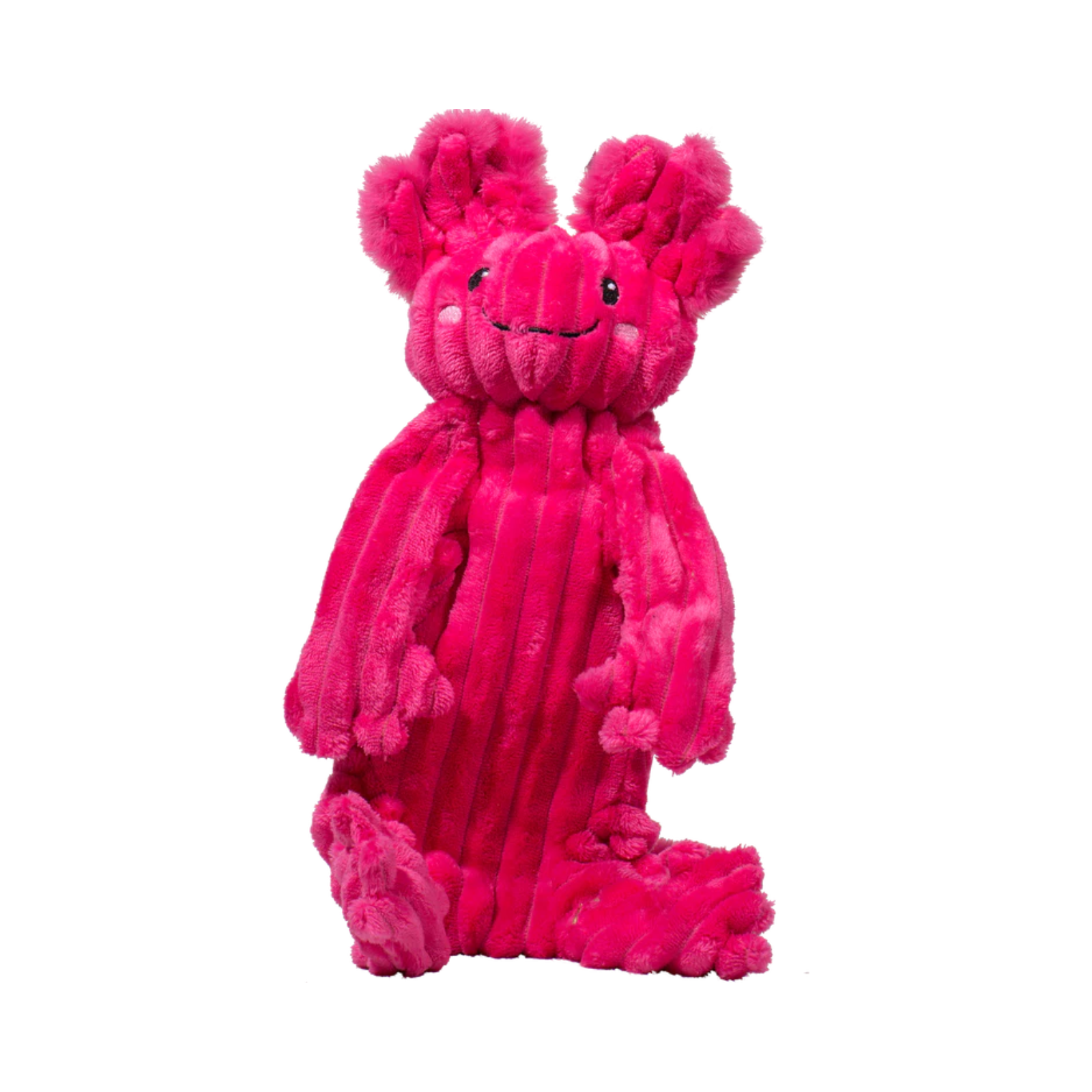 Pink plush toy with a smiling face on a white background