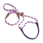 A pink, purple, and white braided rope dog leash with brown leather handle grips and silver metal hardware, shown on a plain white background.