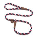 A braided rope dog leash with a red, white, and navy blue pattern, featuring brown leather accents and a metal D-ring, shown on a plain white background.