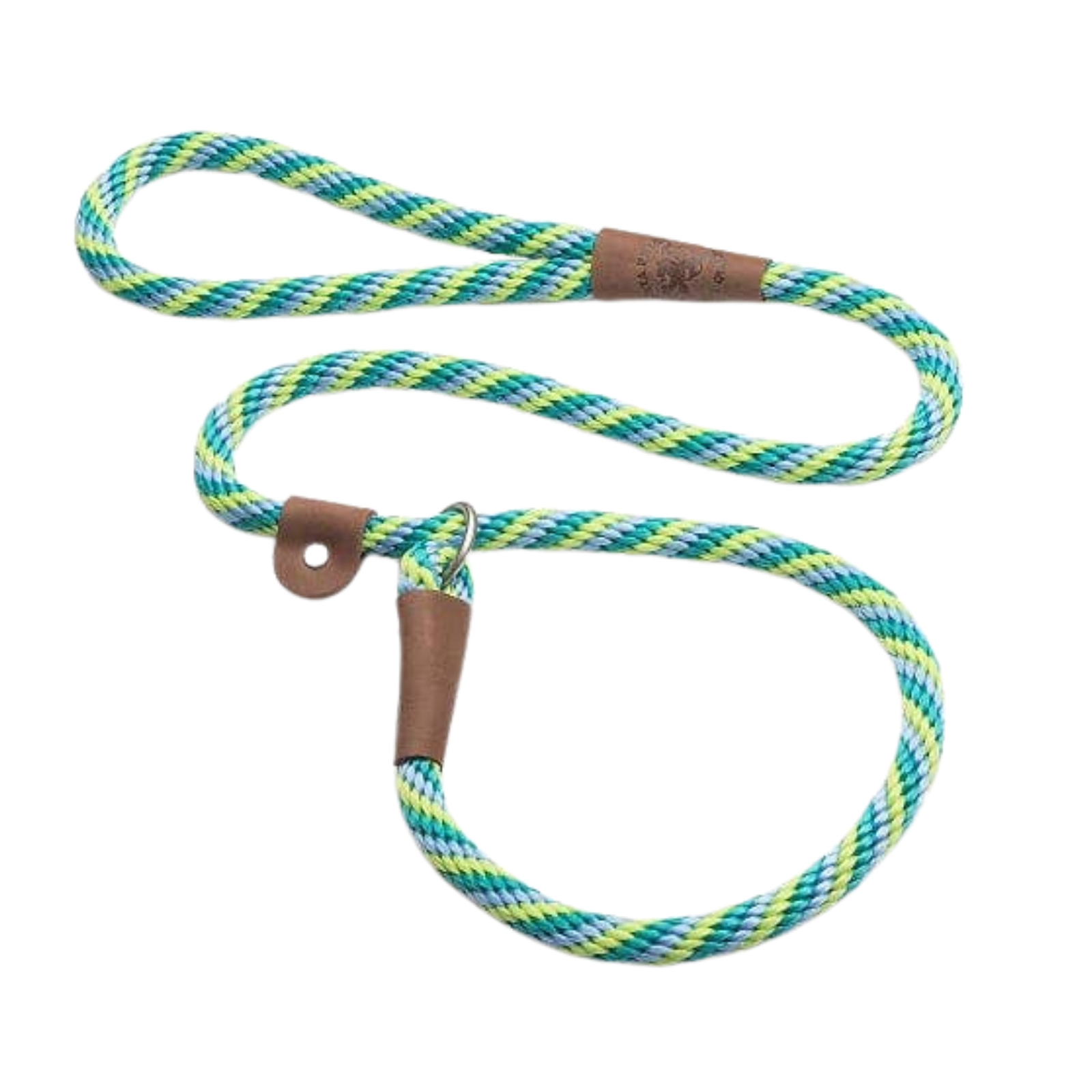 A braided rope dog leash with a blue, green, and yellow pattern, featuring brown leather accents and a metal snap hook, shown on a plain white background.