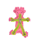Pink and green dog toy with a rope design on a white background