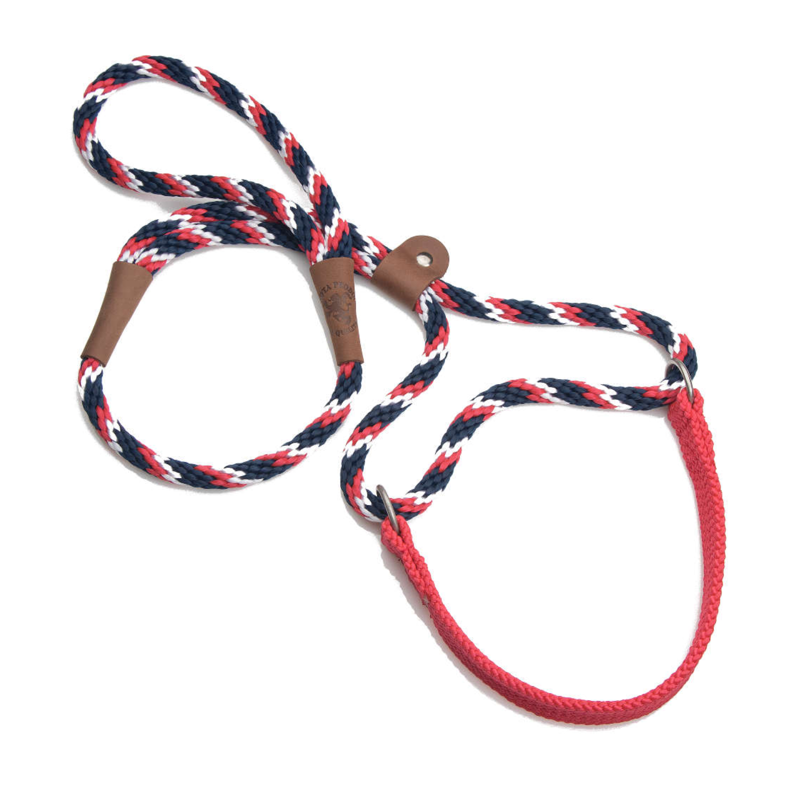 A braided rope lasso with a red, white, and navy blue pattern, brown leather loop ends, and a red loop handle, shown on a plain white background.