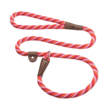 A braided dog leash with a vibrant orange, pink, and white pattern, featuring brown leather handle loops and a silver metal ring, shown on a plain white background.