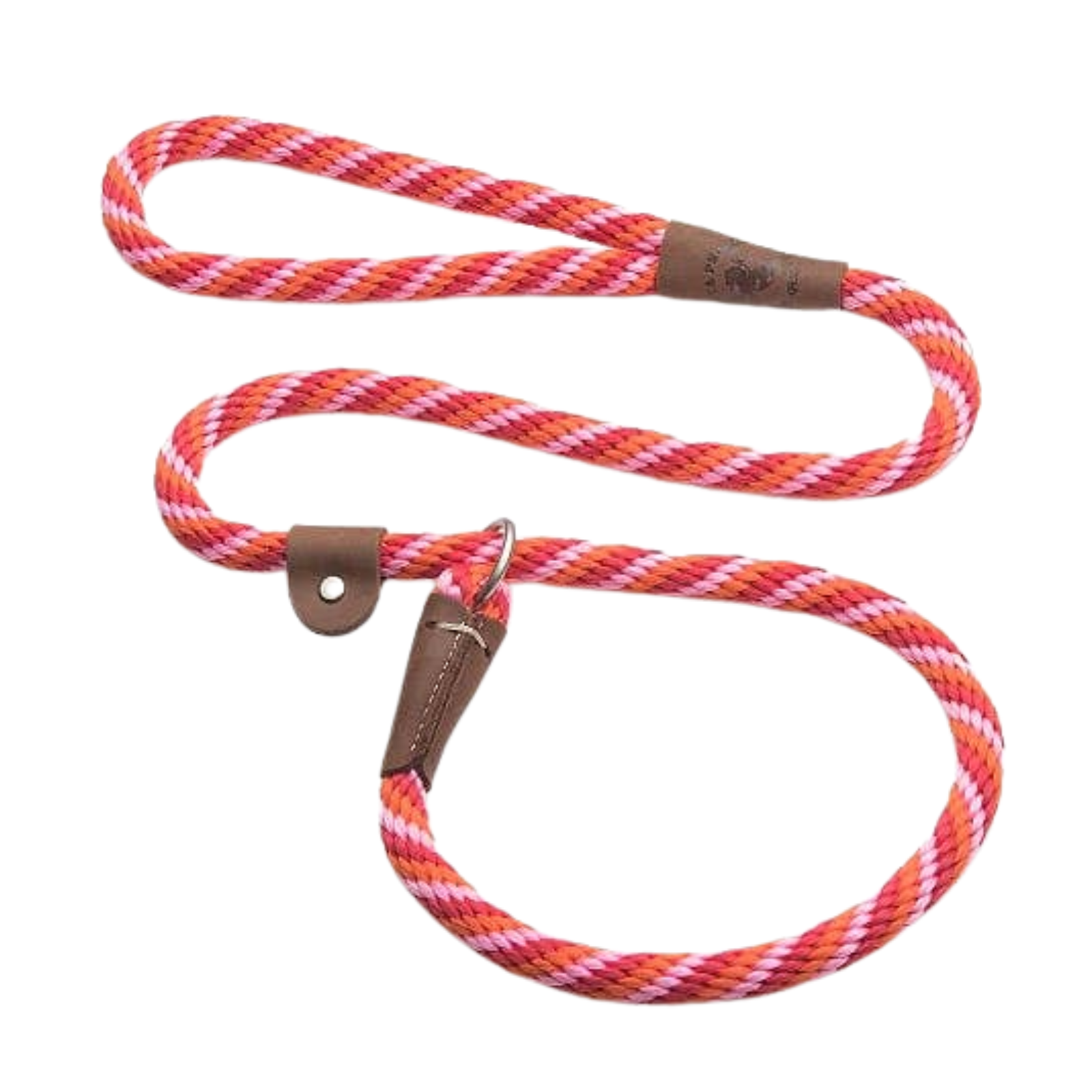 A braided dog leash with a vibrant orange, pink, and white pattern, featuring brown leather handle loops and a silver metal ring, shown on a plain white background.