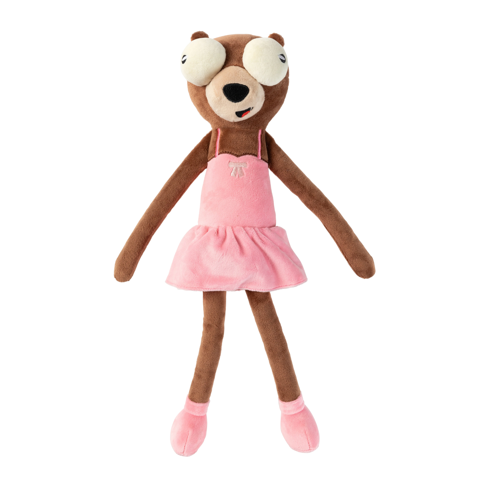 A plush teddy bear doll with long limbs, wearing a pink tutu dress and pink shoes, photographed against a plain white background.