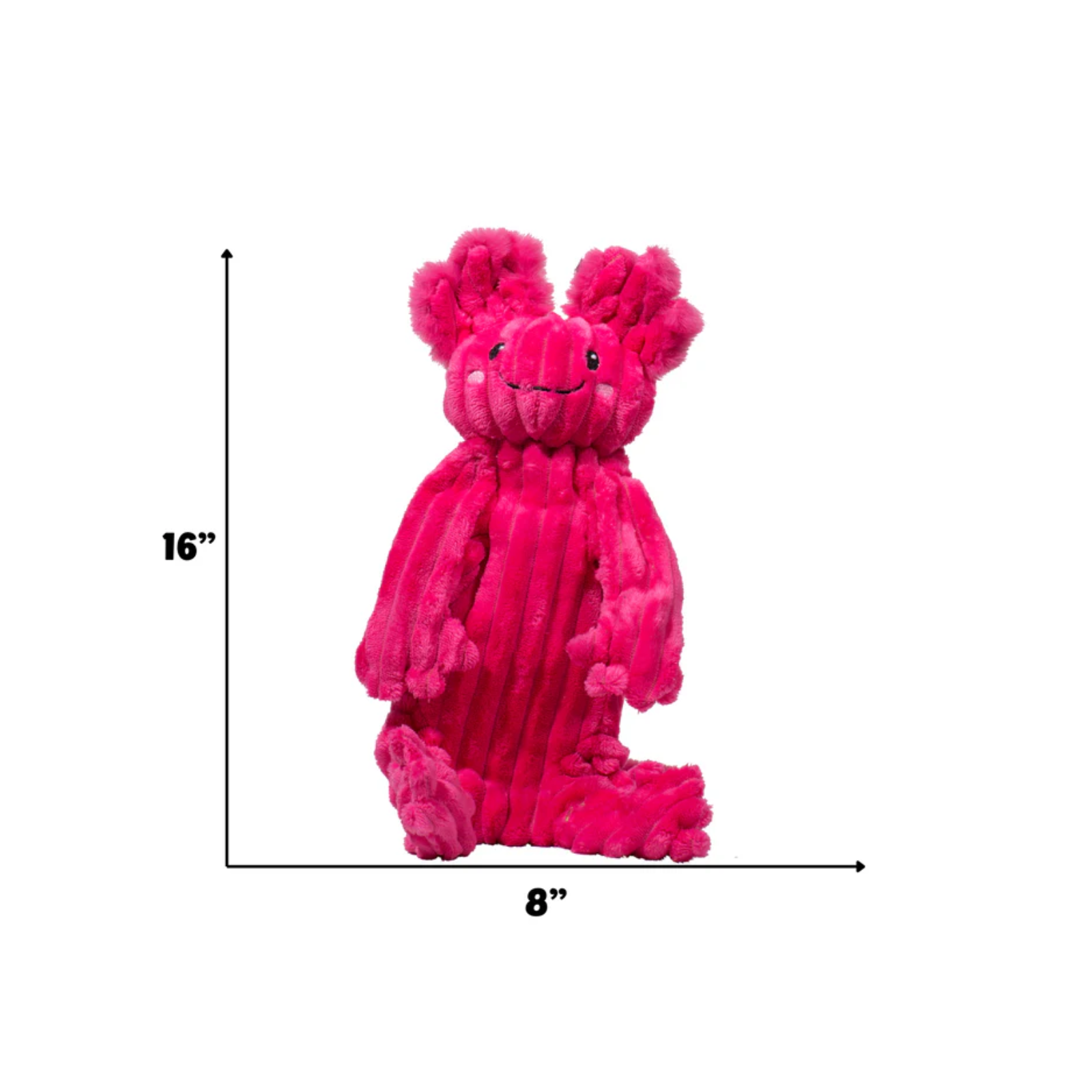Pink plush toy with dimensions indicated on a white background