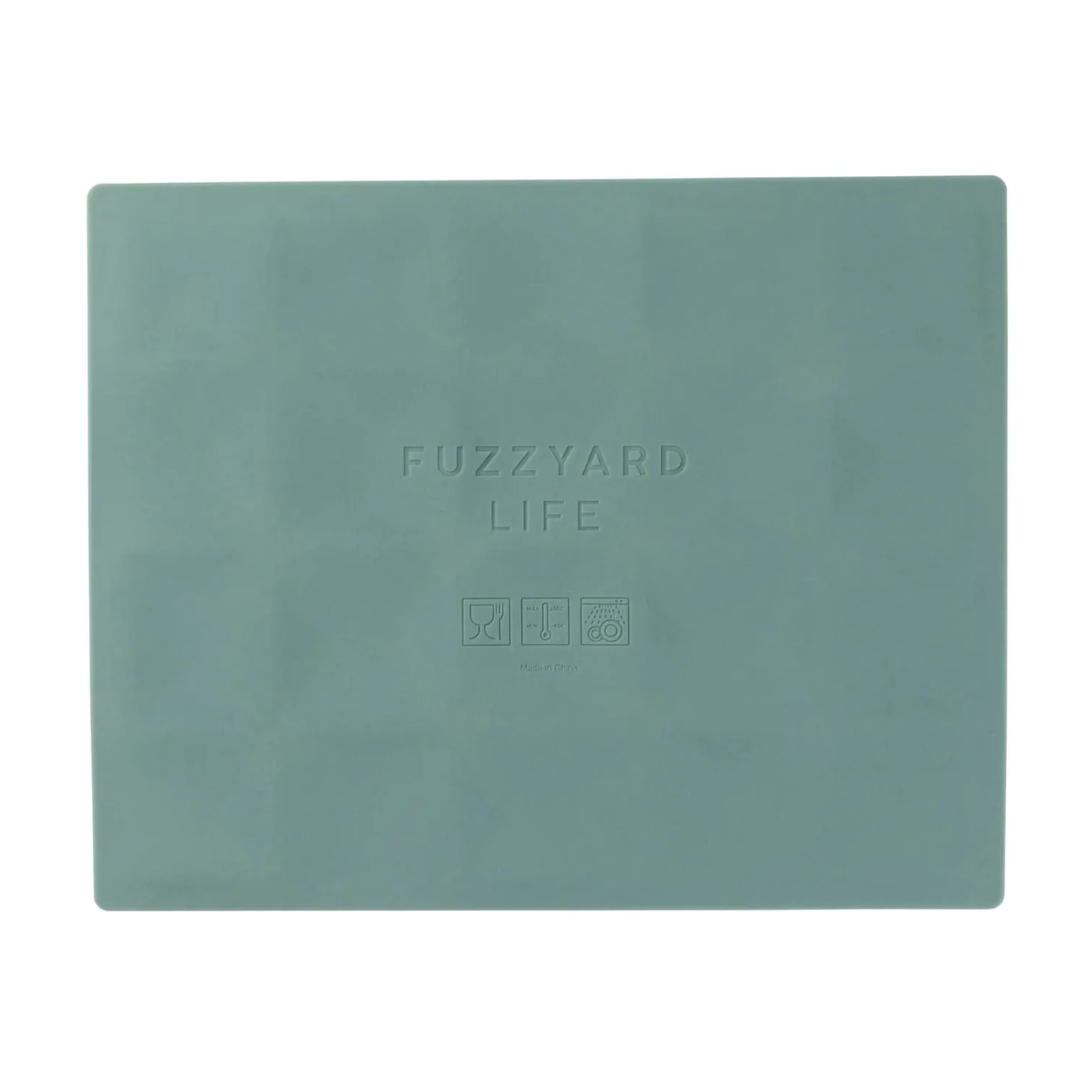 Teal placemat with 'Fuzzyard Life' branding on a white background