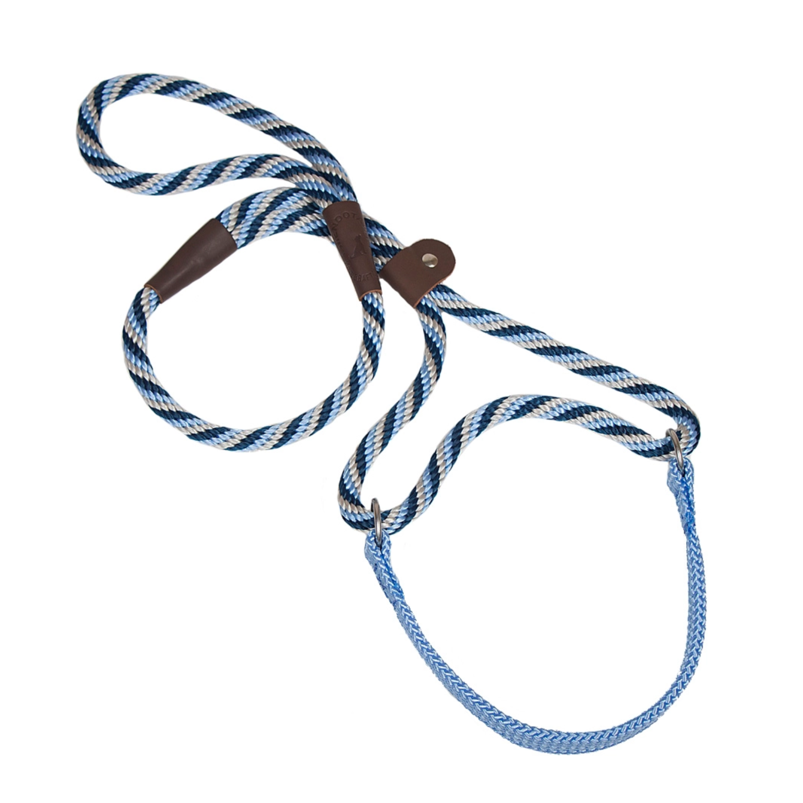 A blue and white braided rope lead with brown leather accents and metal snap hardware, shown on a plain white background.