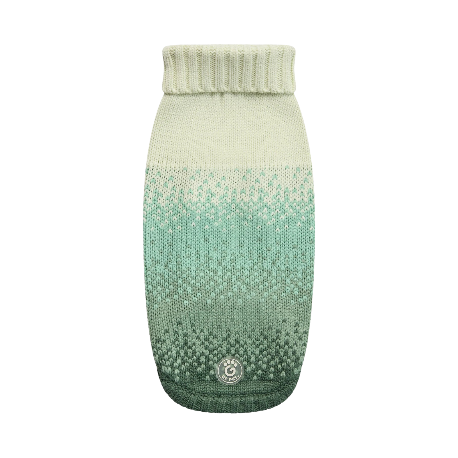 A knit pet sweater with a vertical gradient transitioning from cream at the top to mint green and dark forest green at the bottom, featuring a ribbed collar and a small circular logo patch near the hem.