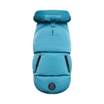 Blue dog coat with a brand logo on a white background