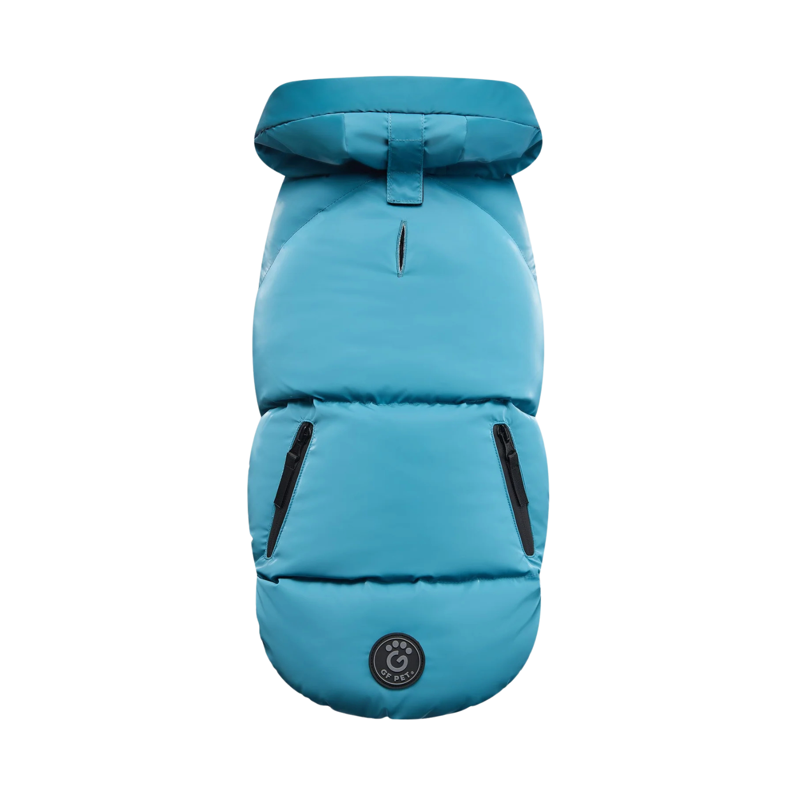 Blue dog coat with a brand logo on a white background