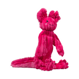 Pink plush toy with a smiling face on a white background