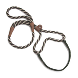A braided rope lasso-style leash with brown leather accents, shown on a clean white background.
