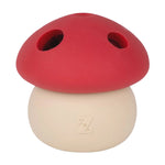 Red and beige mushroom-shaped object with a logo on a white background