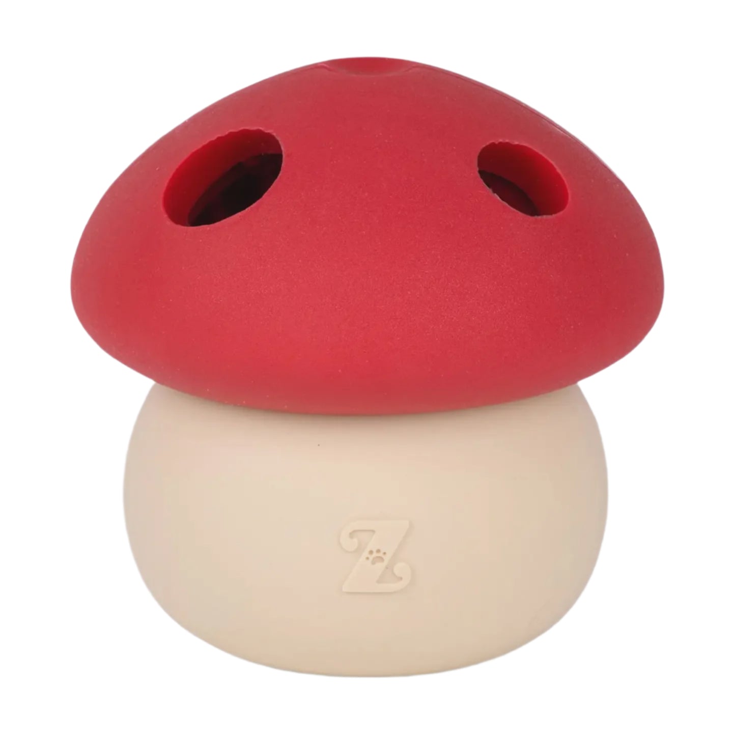Red and beige mushroom-shaped object with a logo on a white background