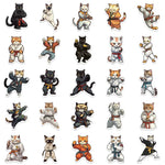 Illustrations of cats in various martial arts poses on a white background