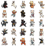 Illustrations of cats in various martial arts poses on a white background