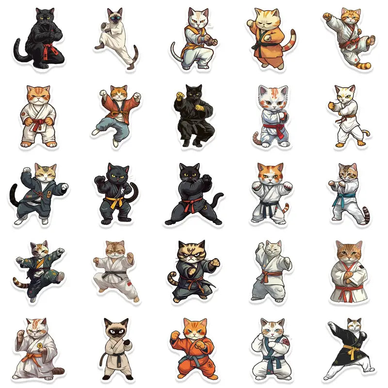 Illustrations of cats in various martial arts poses on a white background