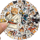 Collection of cat stickers with a focus on a cat in a karate outfit.