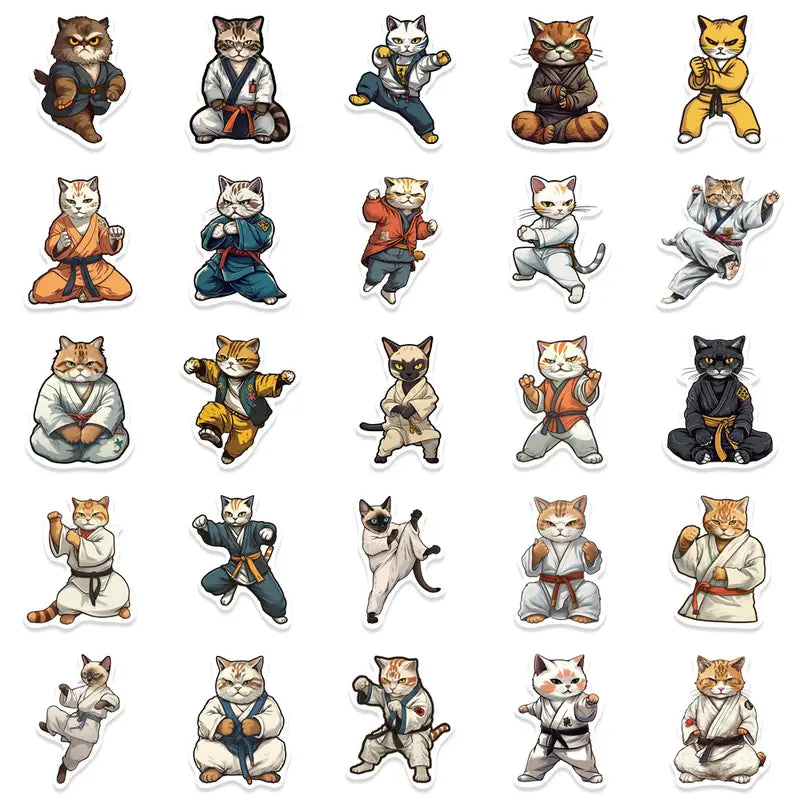 Set of illustrated cats in various martial arts poses on a white background