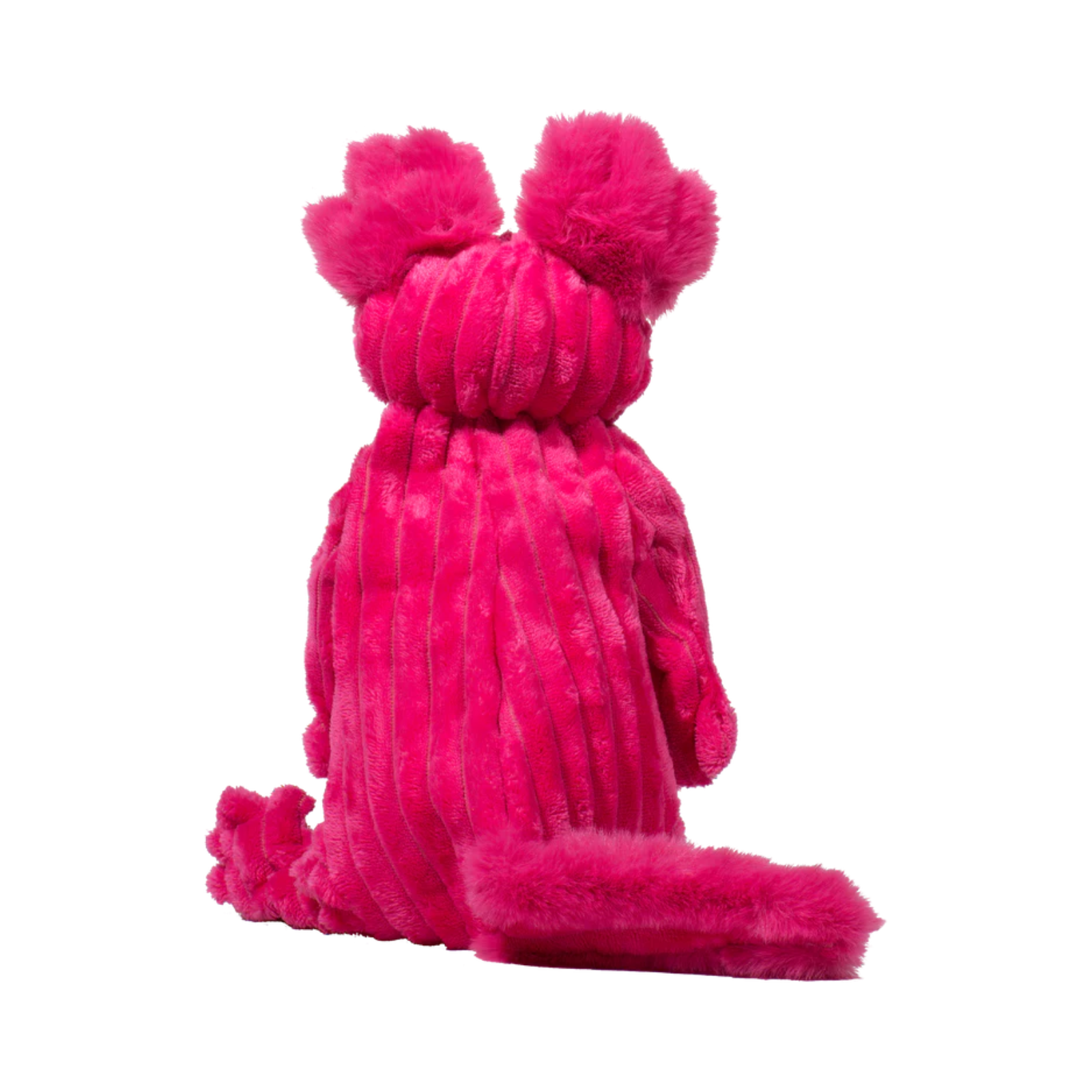 Pink plush toy with pom-pom ears on a white background