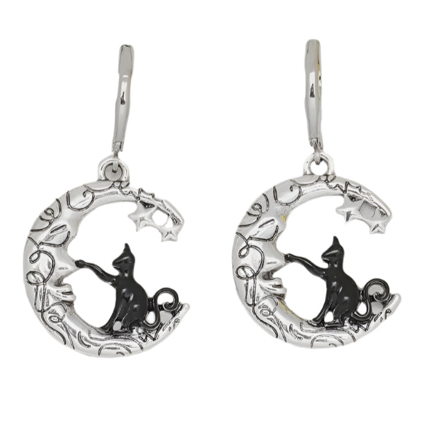 Silver earrings with cat designs on a white background